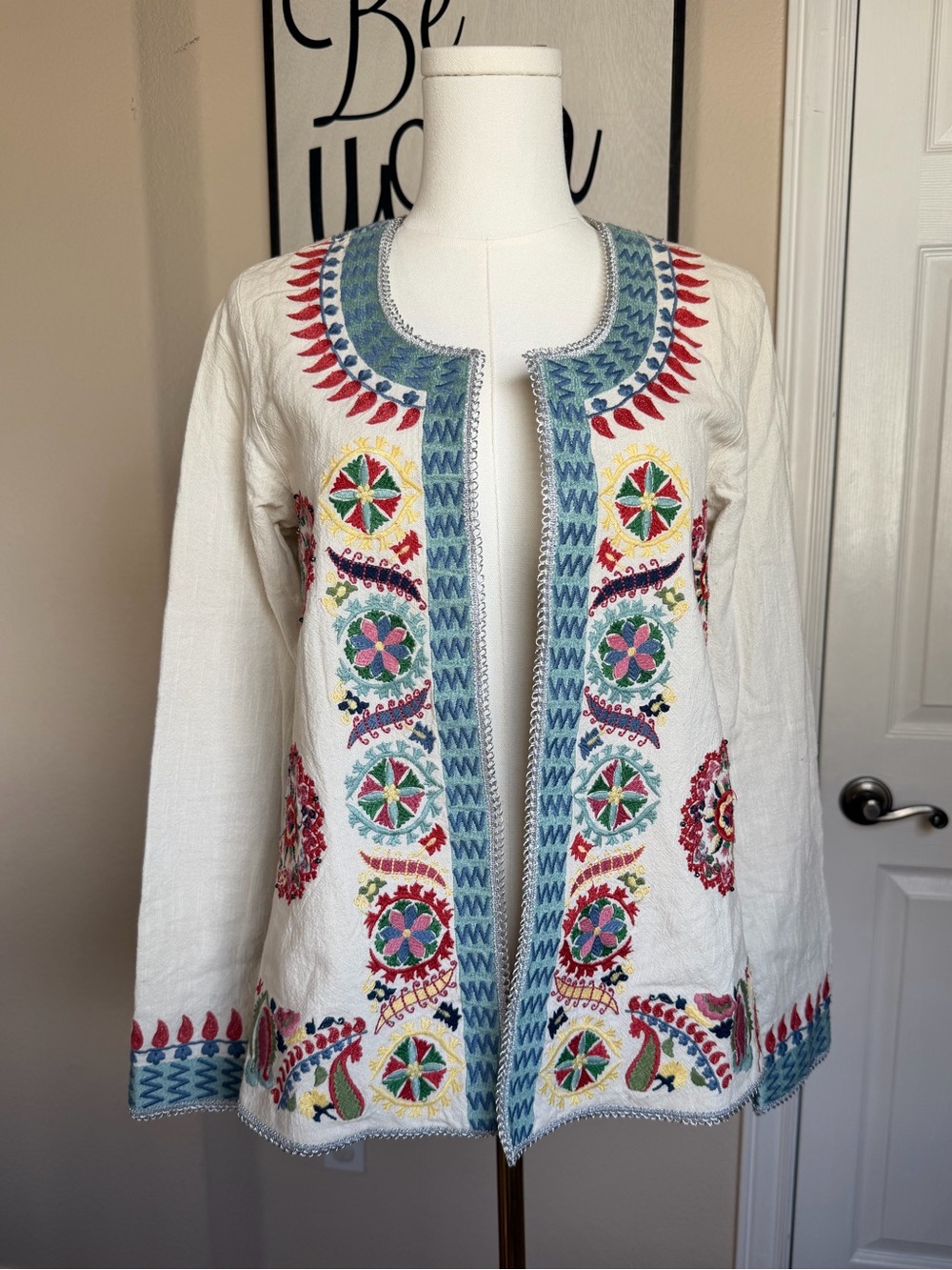 Embroidered Linen Blend Open Front Jacket Boho Size M